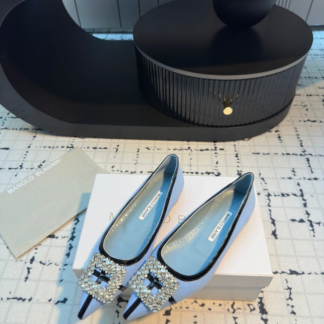 MANOLO BLAHNIK HANGISI FLAT BALLERINA SHOES IN BLUE WITH CRYSTAL BUCKLE
