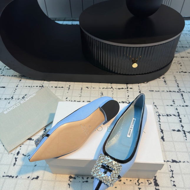 MANOLO BLAHNIK HANGISI FLAT BALLERINA SHOES IN BLUE WITH CRYSTAL BUCKLE