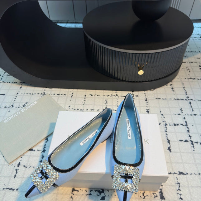 MANOLO BLAHNIK HANGISI FLAT BALLERINA SHOES IN BLUE WITH CRYSTAL BUCKLE