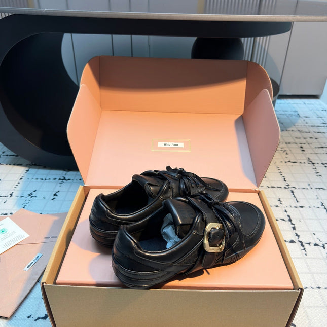 MIUMIU 26S LACE UP SNEAKERS IN BLACK CALFSKIN BUCKLE STRAP DETAIL