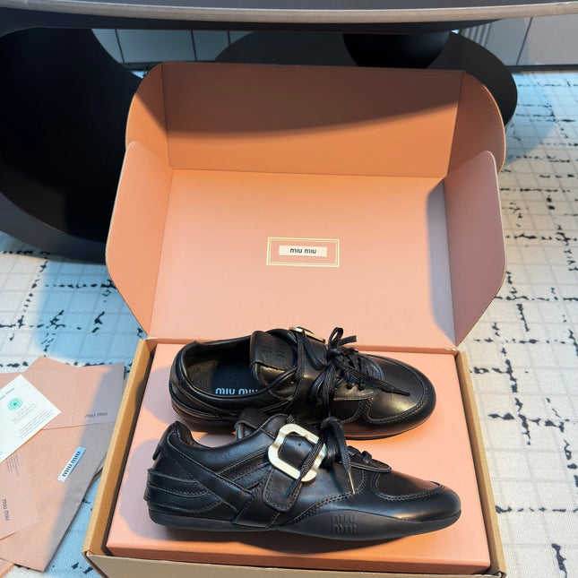 MIUMIU 26S LACE UP SNEAKERS IN BLACK CALFSKIN BUCKLE STRAP DETAIL