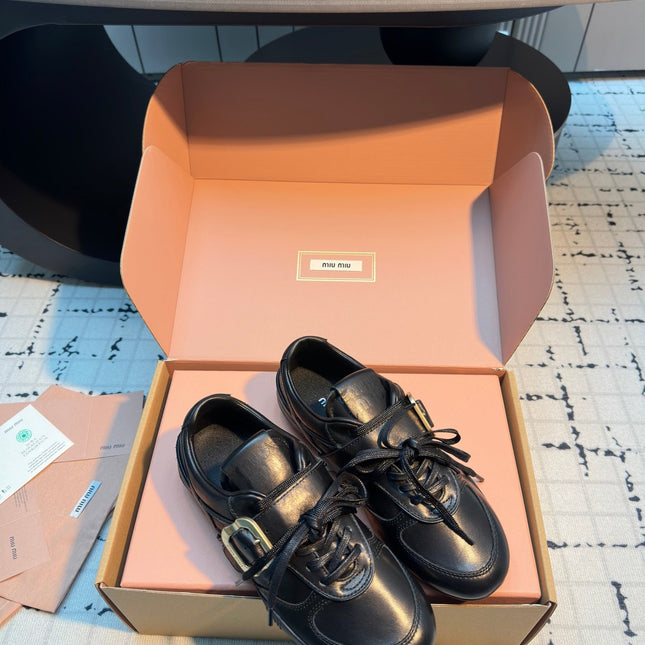 MIUMIU 26S LACE UP SNEAKERS IN BLACK CALFSKIN BUCKLE STRAP DETAIL
