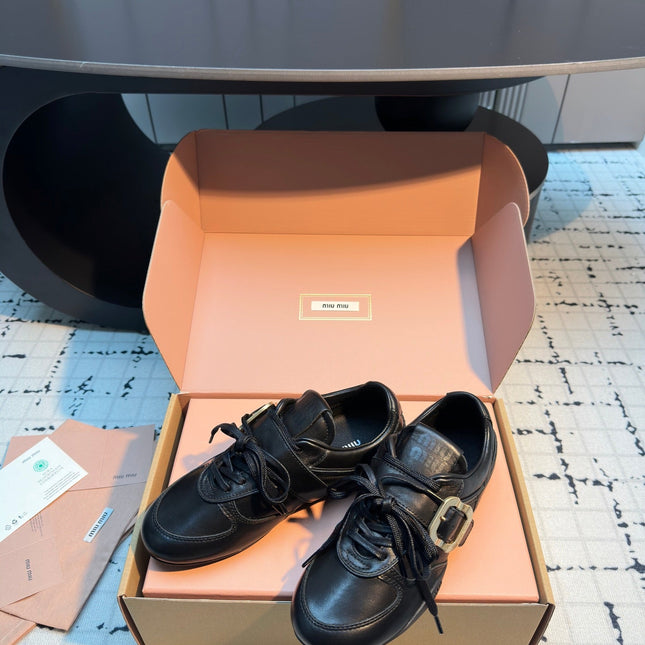 MIUMIU 26S LACE UP SNEAKERS IN BLACK CALFSKIN BUCKLE STRAP DETAIL