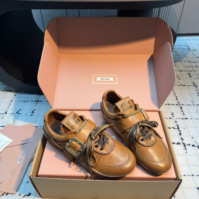 MIUMIU 26S LACE UP SNEAKERS IN BROWN CALFSKIN BUCKLE STRAP DETAIL