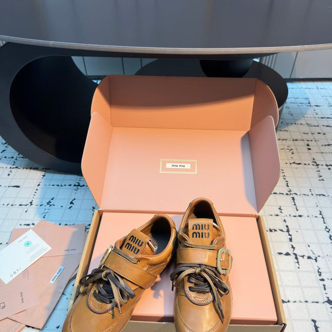 MIUMIU 26S LACE UP SNEAKERS IN BROWN CALFSKIN BUCKLE STRAP DETAIL