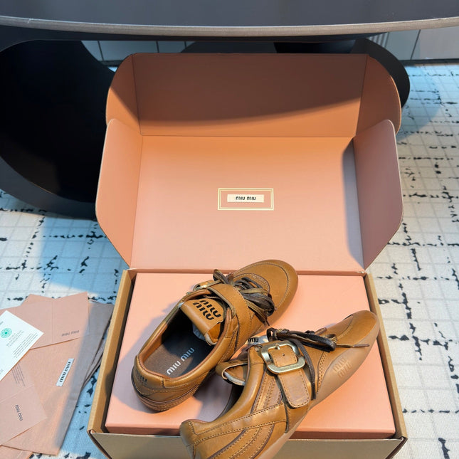 MIUMIU 26S LACE UP SNEAKERS IN BROWN CALFSKIN BUCKLE STRAP DETAIL