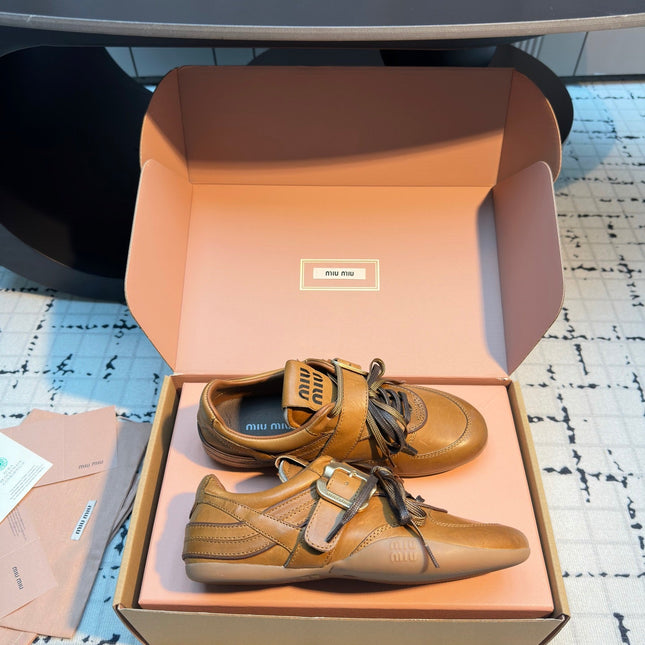 MIUMIU 26S LACE UP SNEAKERS IN BROWN CALFSKIN BUCKLE STRAP DETAIL