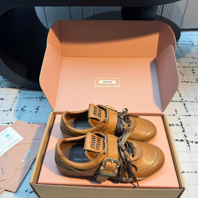 MIUMIU 26S LACE UP SNEAKERS IN BROWN CALFSKIN BUCKLE STRAP DETAIL