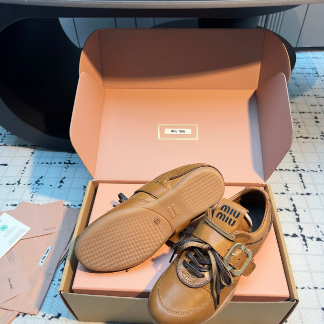 MIUMIU 26S LACE UP SNEAKERS IN BROWN CALFSKIN BUCKLE STRAP DETAIL