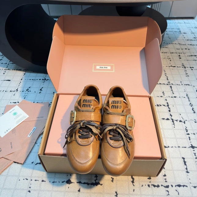 MIUMIU 26S LACE UP SNEAKERS IN BROWN CALFSKIN BUCKLE STRAP DETAIL