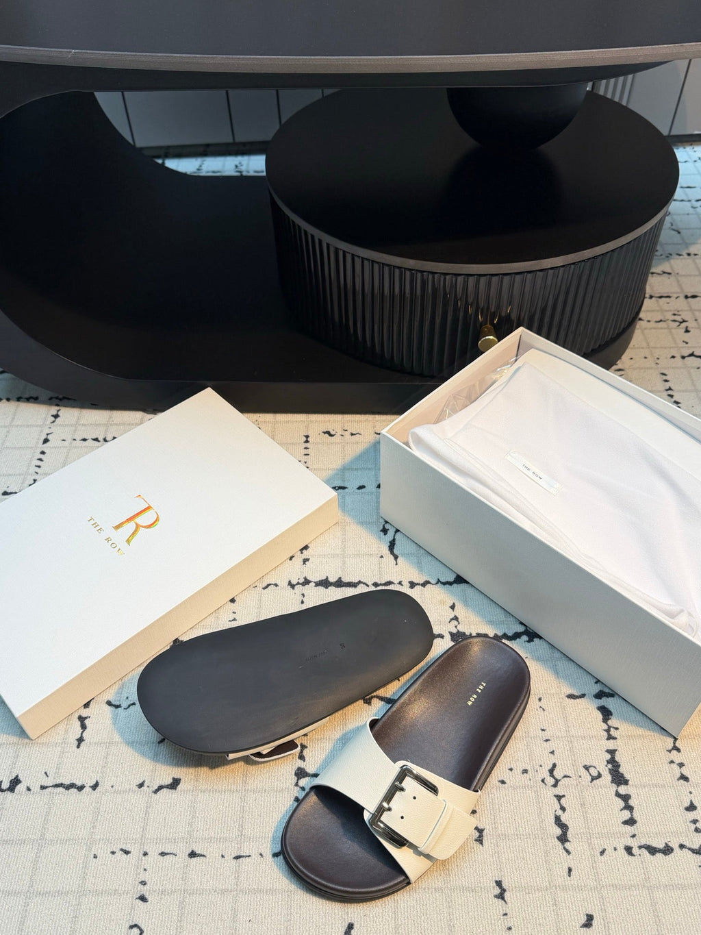 THE ROW 26S BUCKLE SLIDE SANDALS IN WHITE CALFSKIN