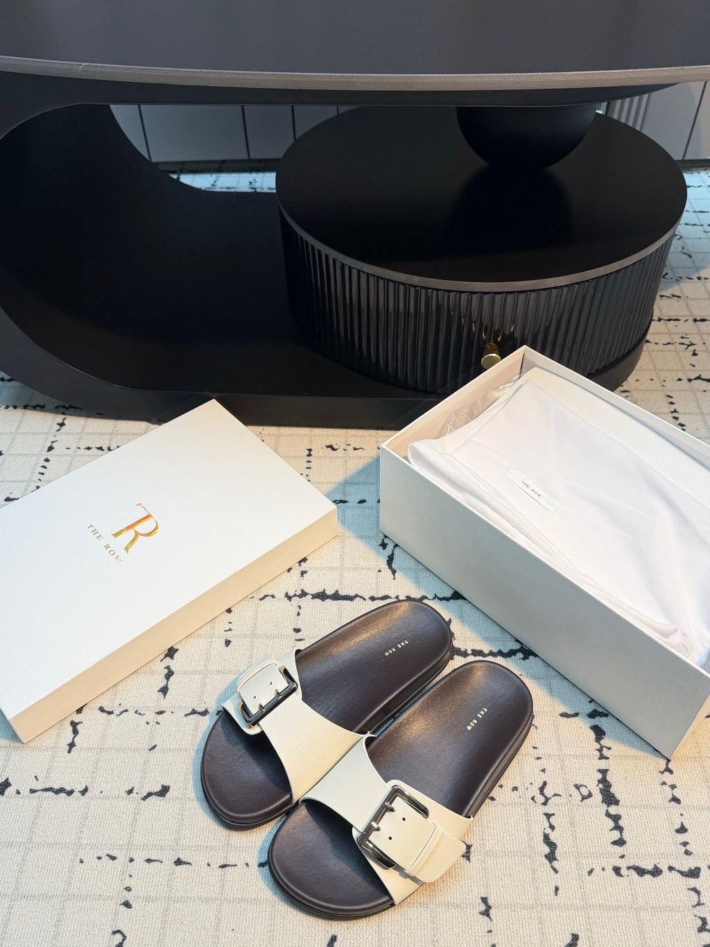 THE ROW 26S BUCKLE SLIDE SANDALS IN WHITE CALFSKIN