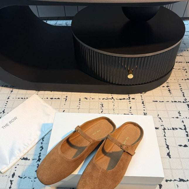 THE ROW 26S MARY JANE MULES 20MM IN CARAMEL BROWN SUEDE
