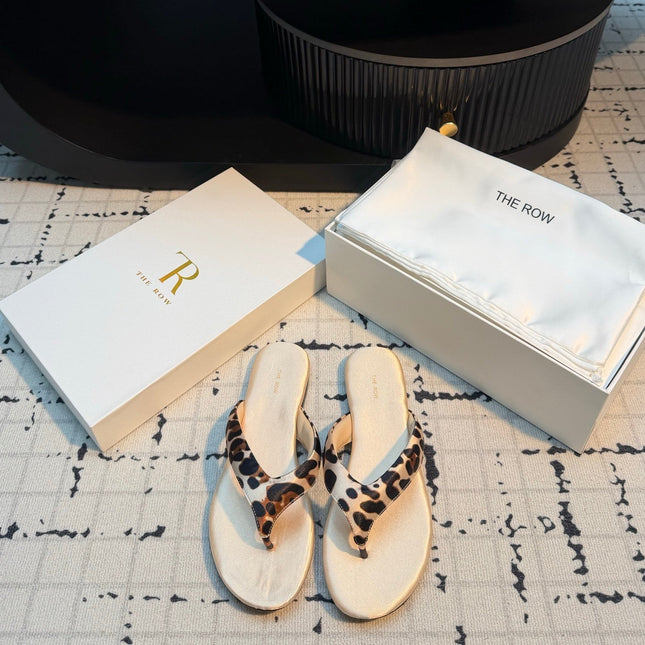 THE ROW 26S THONG SANDALS IN LEOPARD SATIN