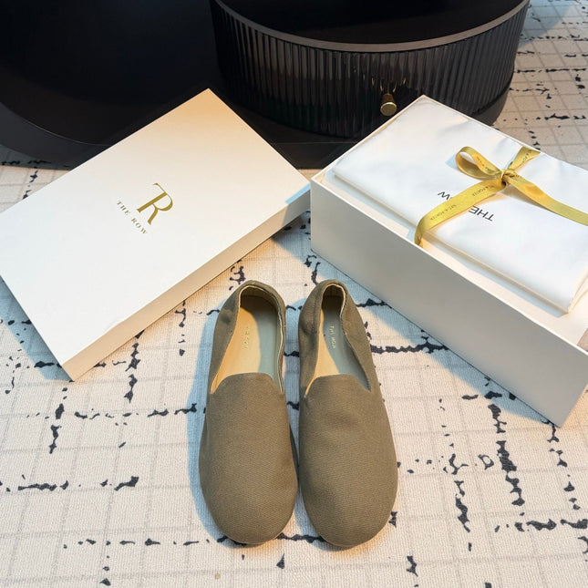THE ROW 26S LOAFERS IN OLIVE GREEN CANVAS
