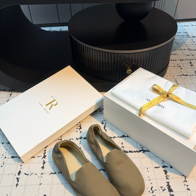 THE ROW 26S LOAFERS IN OLIVE GREEN CANVAS