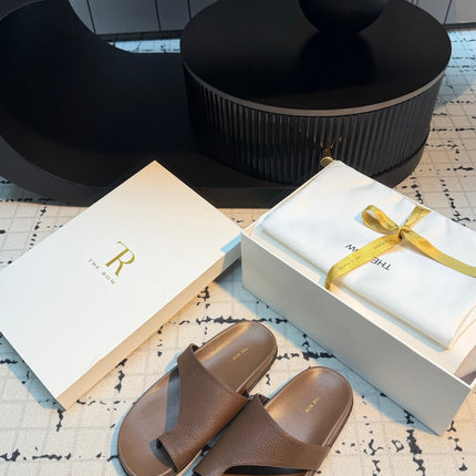 THE ROW 26S THONG SLIDE SANDALS IN BROWN CALFSKIN