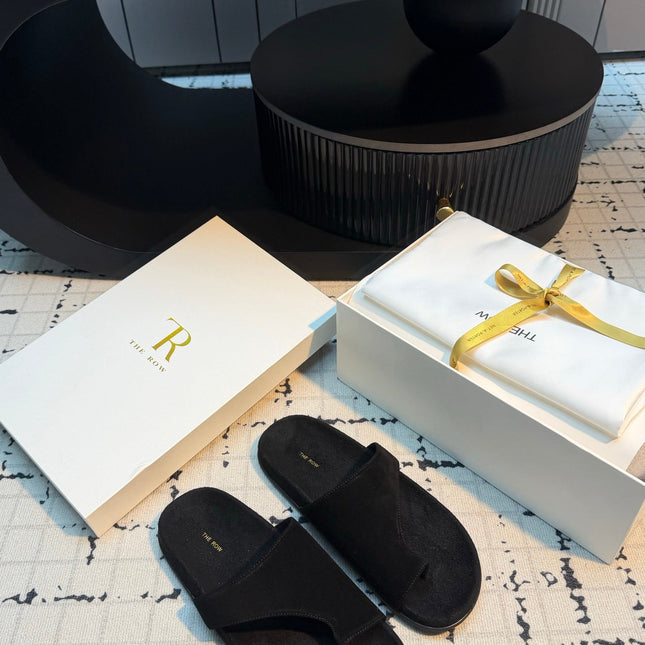 THE ROW 26S THONG SLIDE SANDALS IN BLACK SUEDE