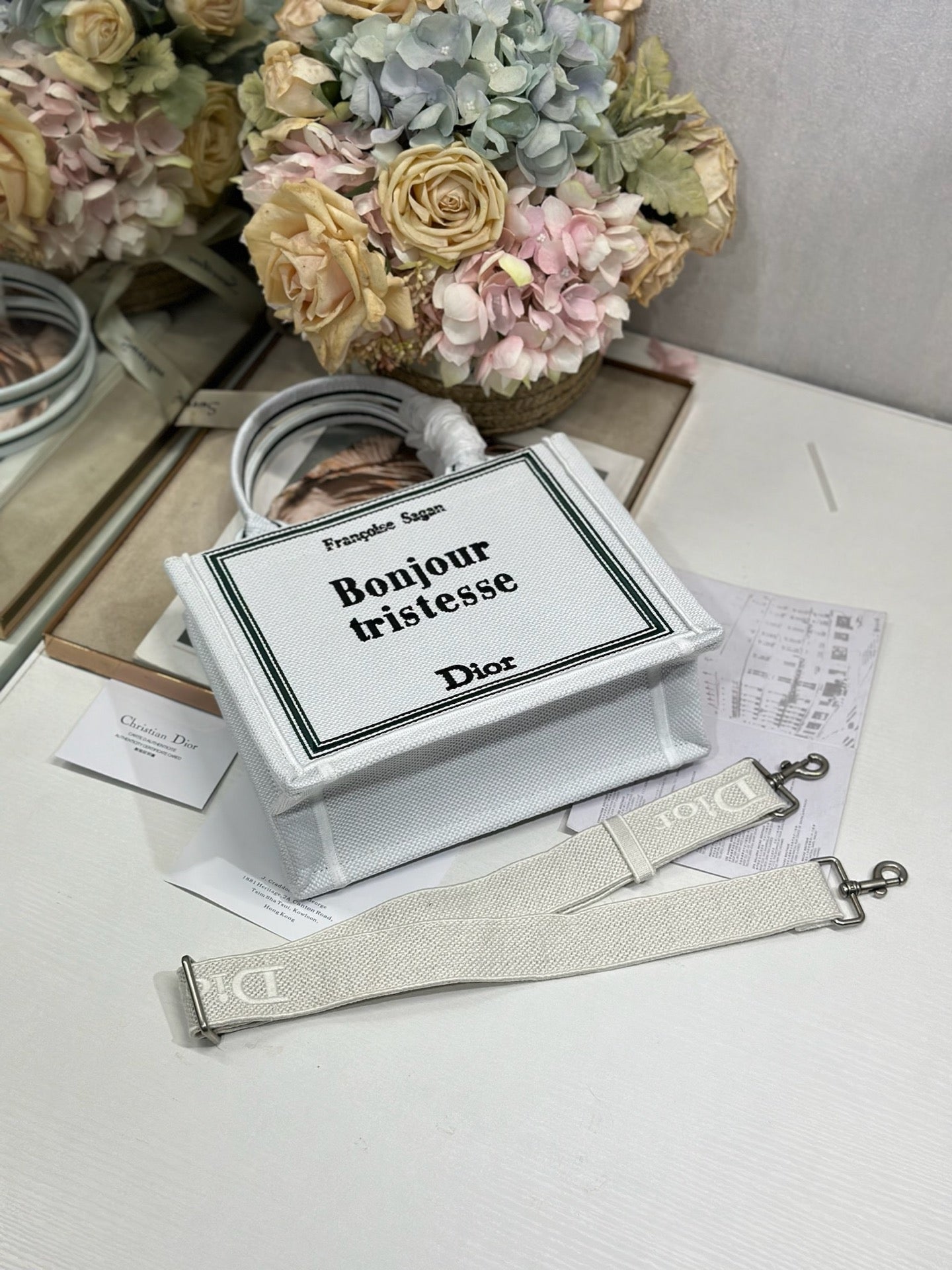 DIOR 26S BOOK TOTE BAG 26 IN WHITE EMBROIDERED LETTERING FABRIC