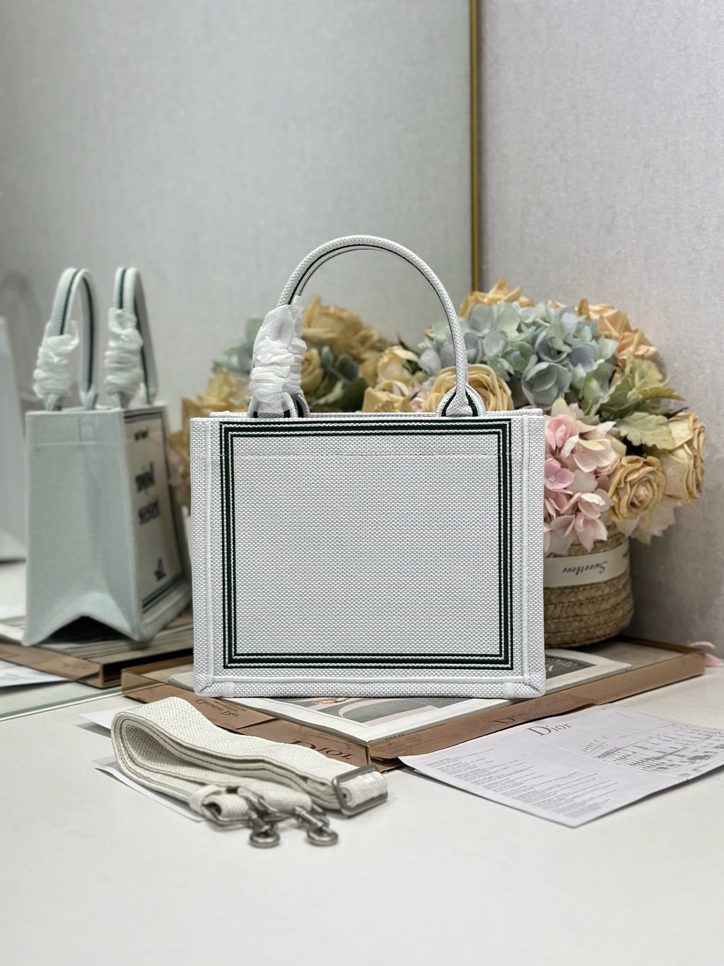 DIOR 26S BOOK TOTE BAG 26 IN WHITE EMBROIDERED LETTERING FABRIC