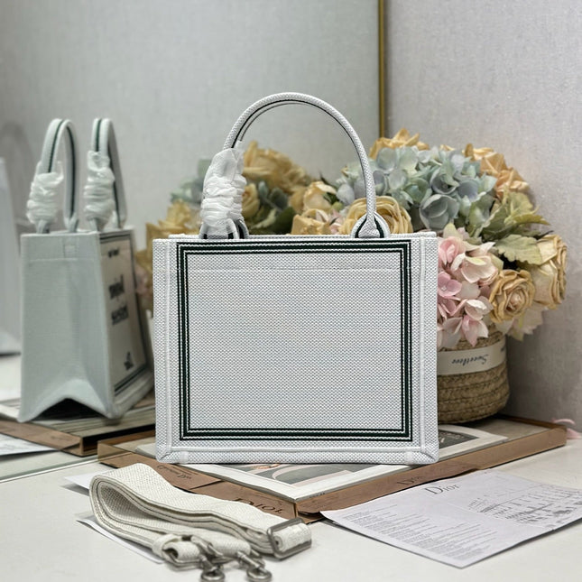 DIOR 26S BOOK TOTE BAG 26 IN WHITE EMBROIDERED LETTERING FABRIC