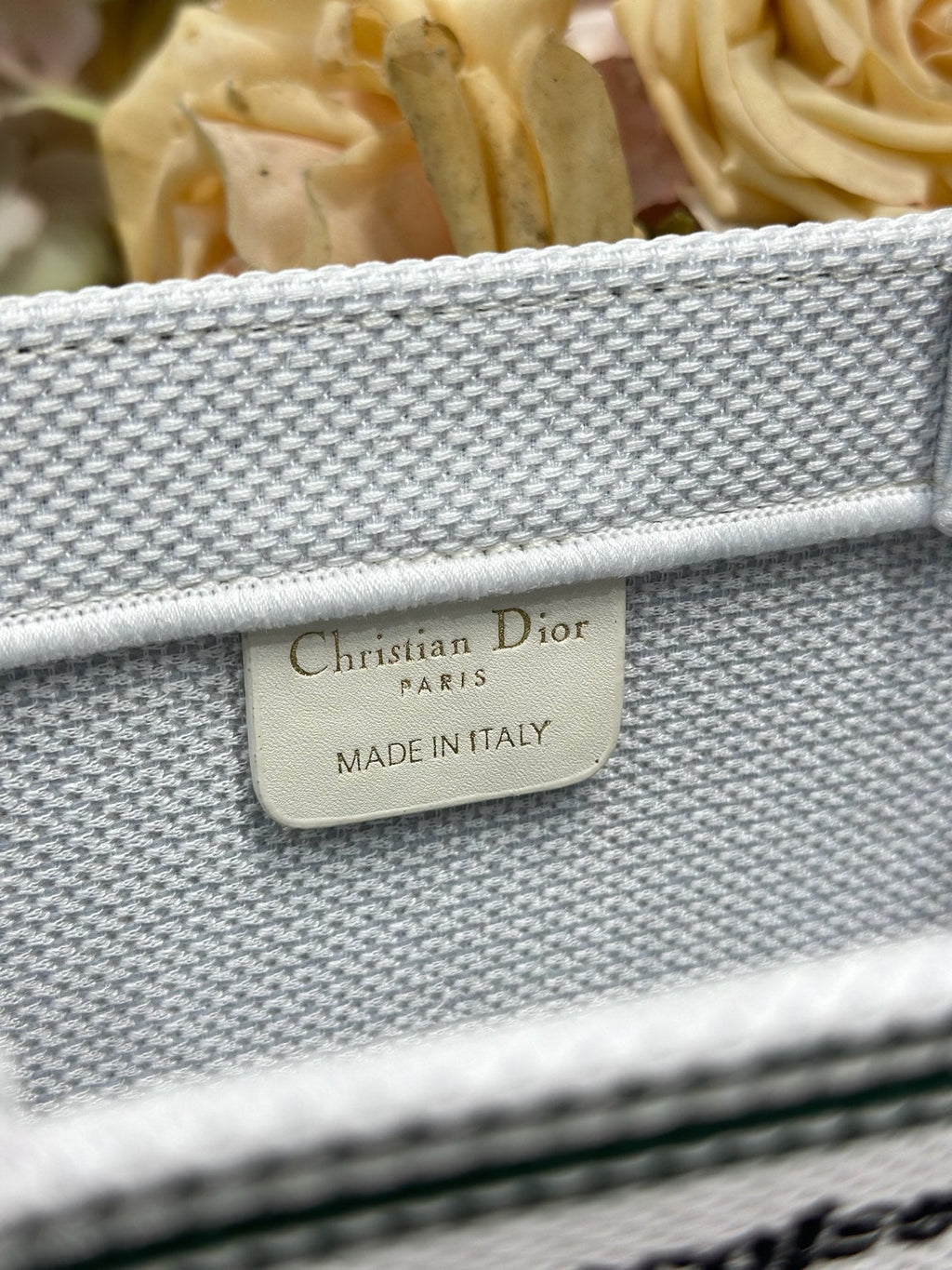 DIOR 26S BOOK TOTE BAG 26 IN WHITE EMBROIDERED LETTERING FABRIC
