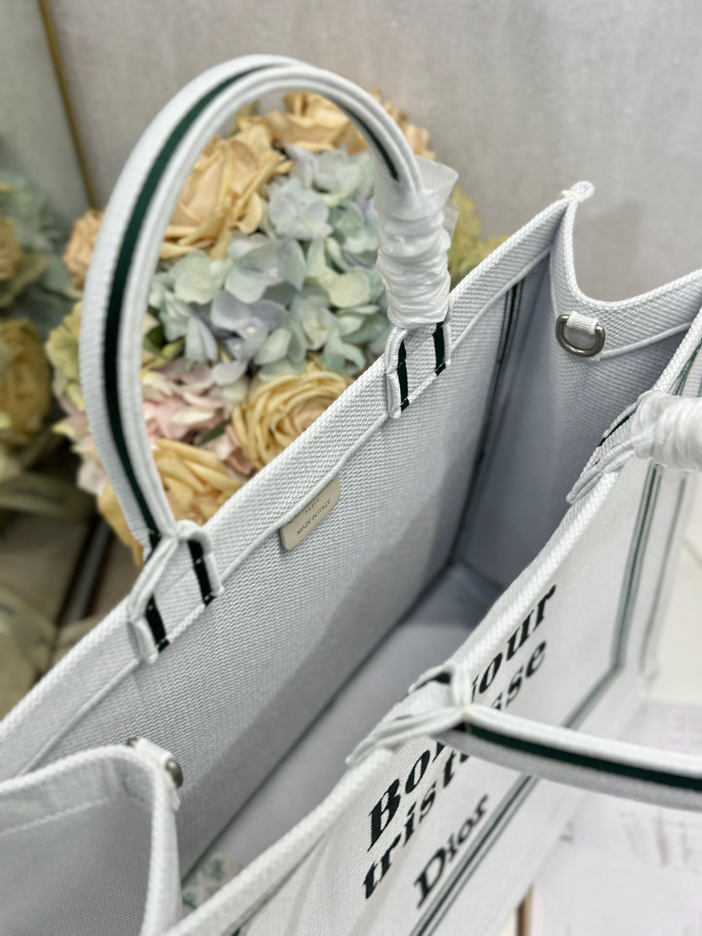 DIOR 26S BOOK TOTE BAG 42 IN WHITE EMBROIDERED LETTERING FABRIC