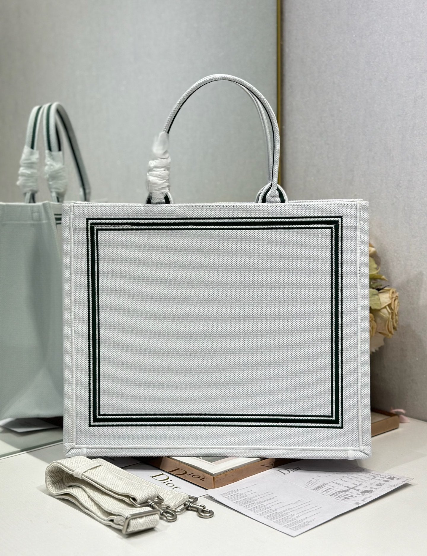 DIOR 26S BOOK TOTE BAG 42 IN WHITE EMBROIDERED LETTERING FABRIC