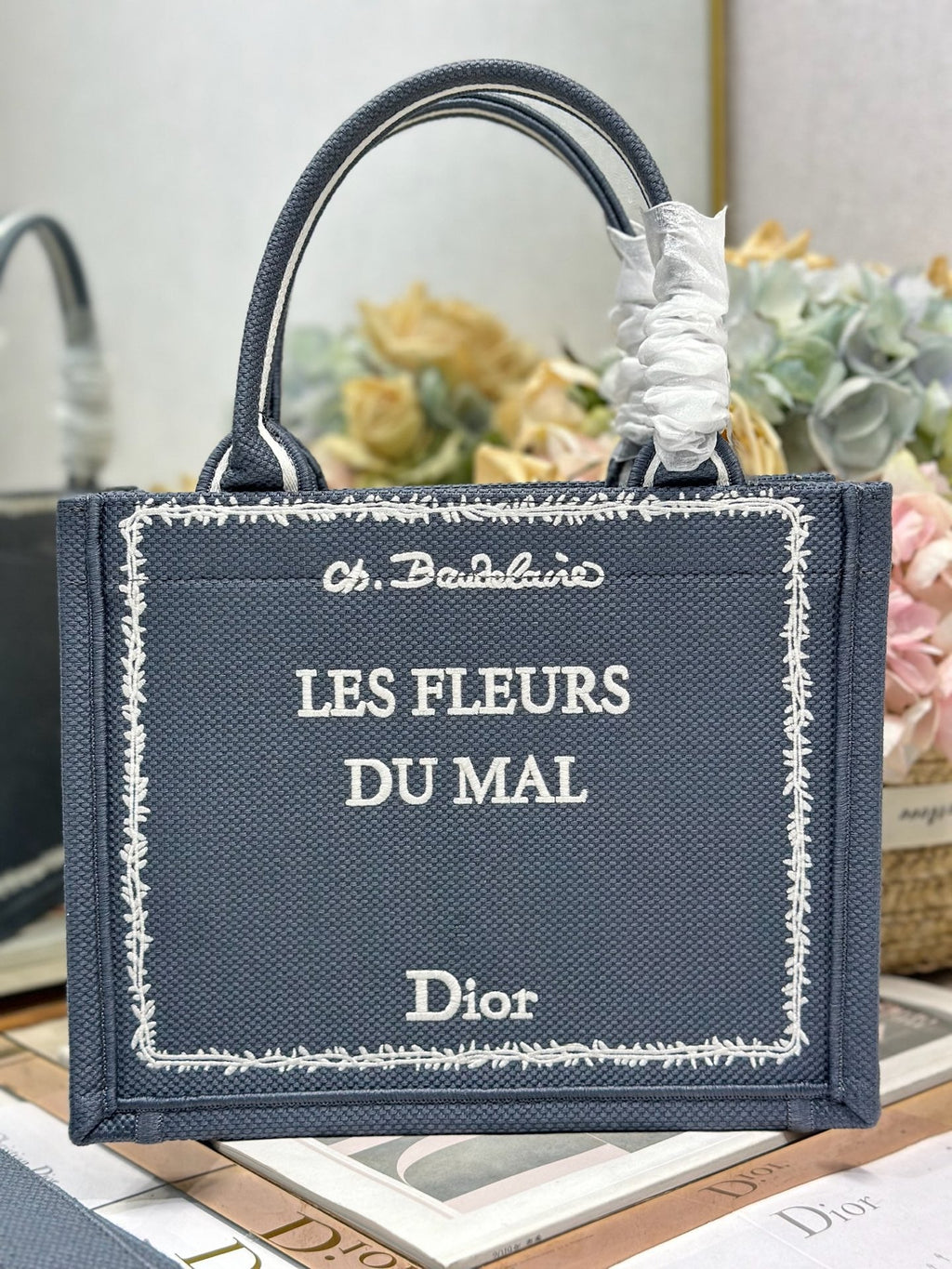 DIOR 26S BOOK TOTE BAG 26 IN GREY EMBROIDERED LETTERING FABRIC