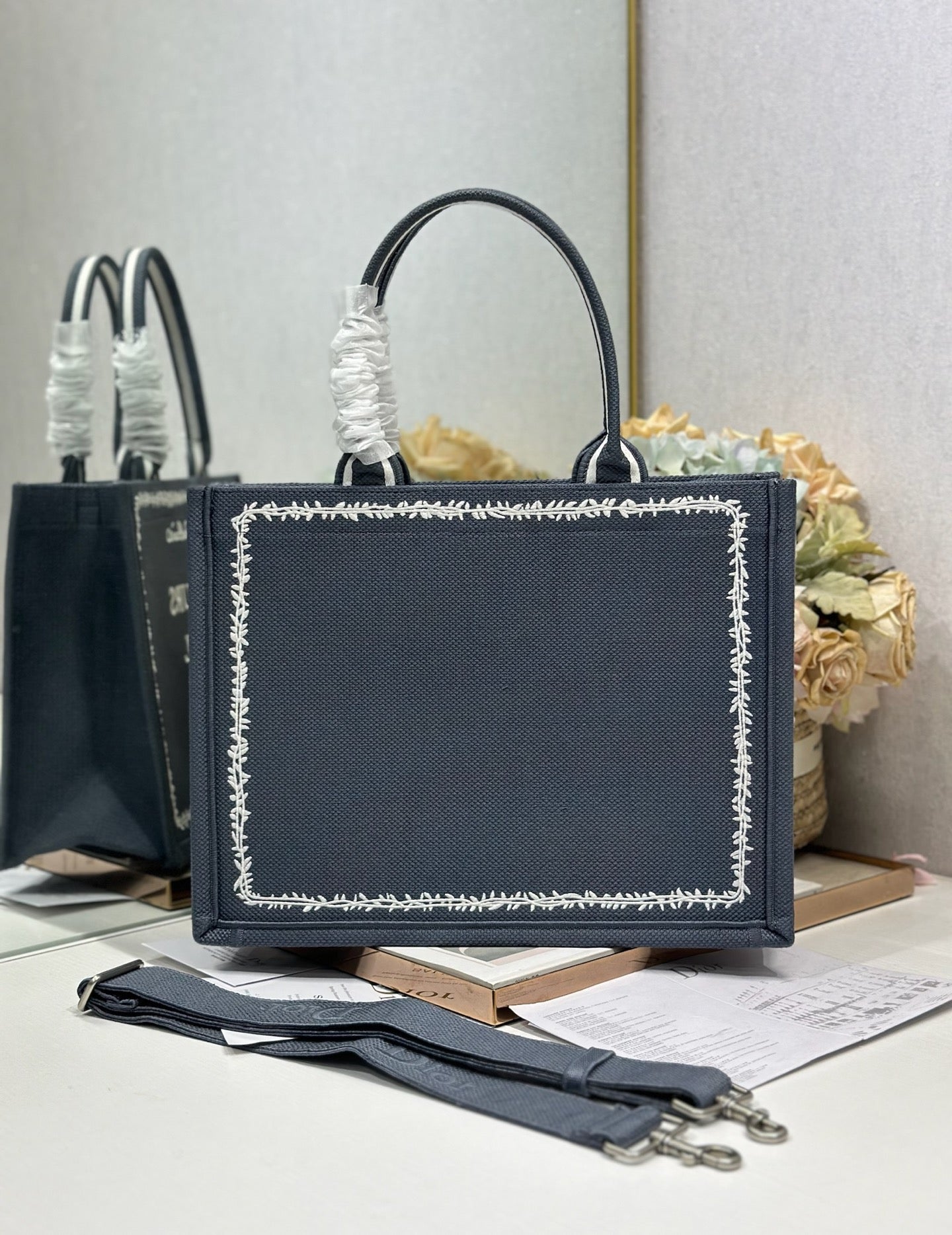 DIOR 26S BOOK TOTE BAG 36 IN GREY EMBROIDERED LETTERING FABRIC