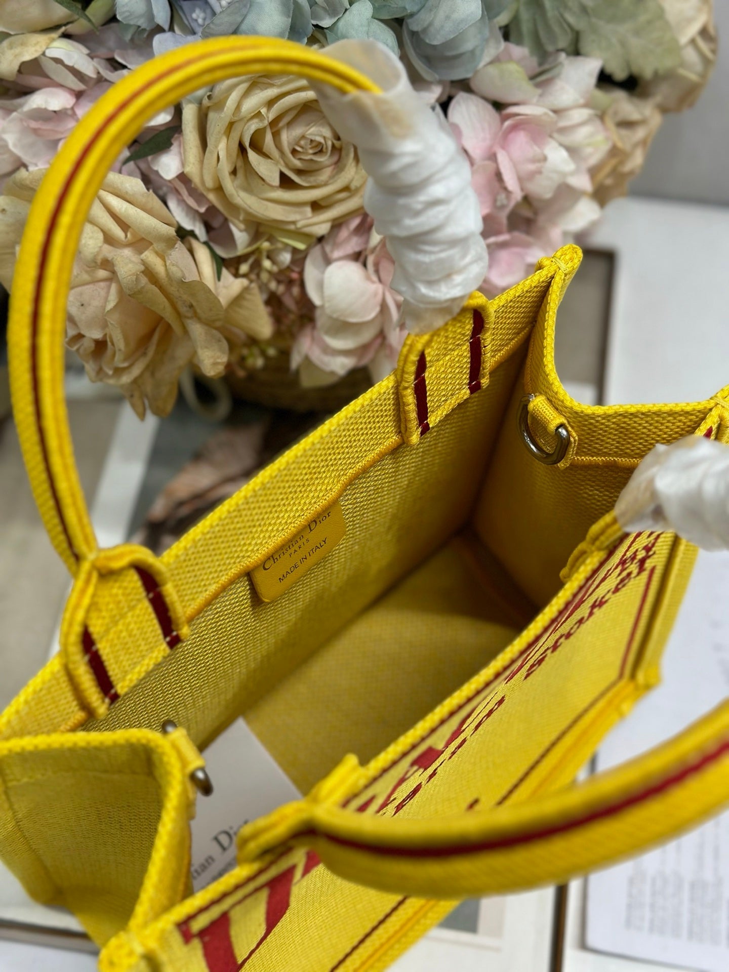 DIOR 26S BOOK TOTE BAG 26 IN YELLOW EMBROIDERED LETTERING FABRIC