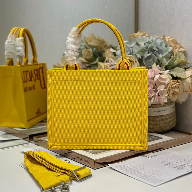 DIOR 26S BOOK TOTE BAG 26 IN YELLOW EMBROIDERED LETTERING FABRIC