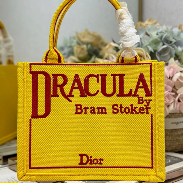 DIOR 26S BOOK TOTE BAG 26 IN YELLOW EMBROIDERED LETTERING FABRIC