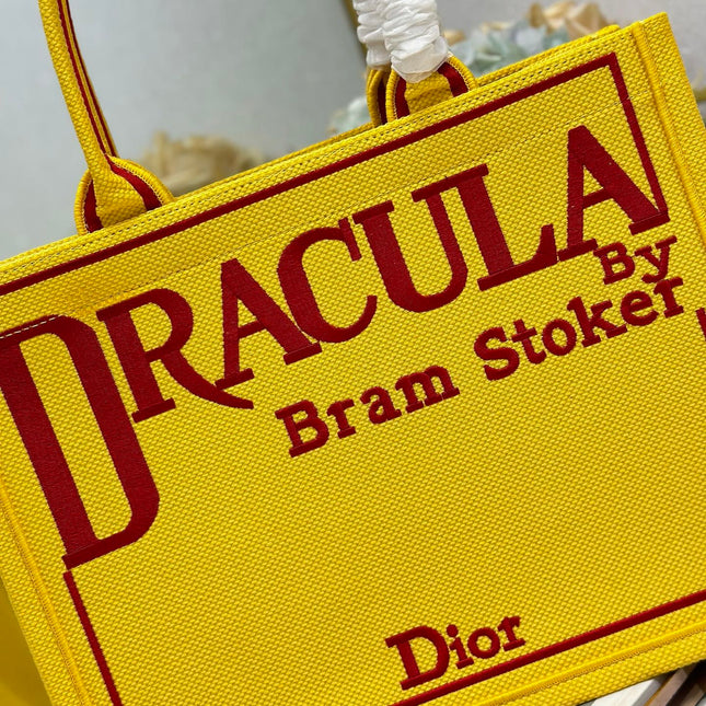 DIOR 26S BOOK TOTE BAG 36 IN YELLOW EMBROIDERED LETTERING FABRIC