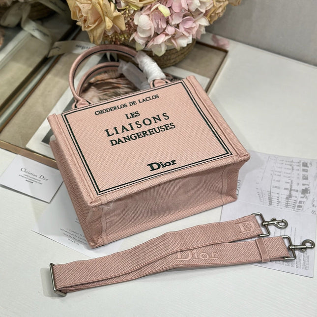 DIOR 26S BOOK TOTE BAG 26 IN PINK EMBROIDERED LETTERING FABRIC