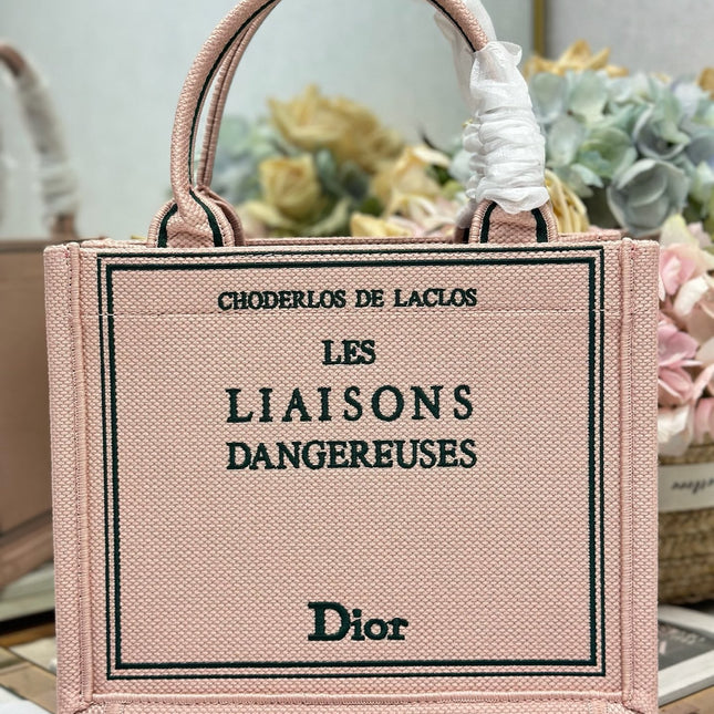 DIOR 26S BOOK TOTE BAG 26 IN PINK EMBROIDERED LETTERING FABRIC