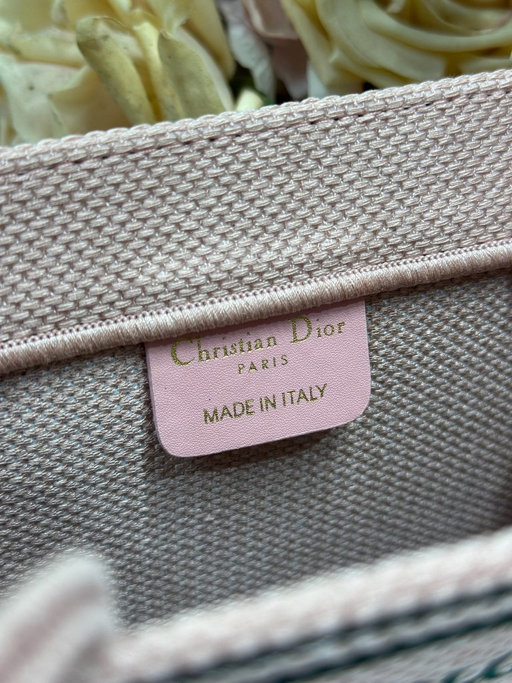DIOR 26S BOOK TOTE BAG 26 IN PINK EMBROIDERED LETTERING FABRIC