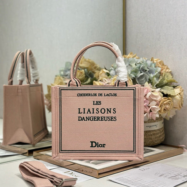DIOR 26S BOOK TOTE BAG 26 IN PINK EMBROIDERED LETTERING FABRIC