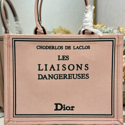 DIOR 26S BOOK TOTE BAG 36 IN PINK EMBROIDERED LETTERING FABRIC