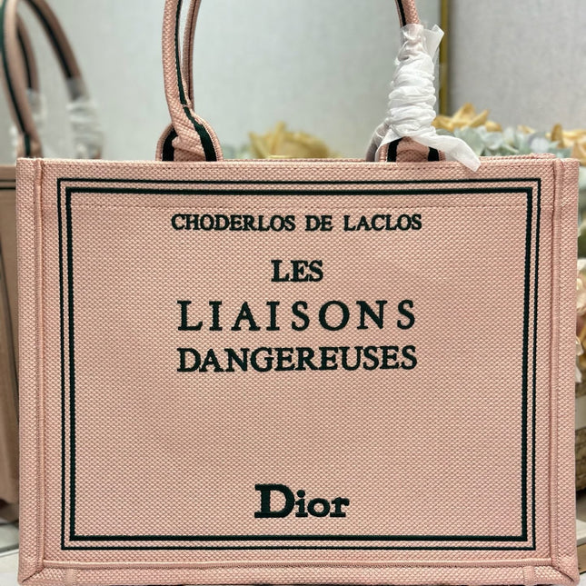 DIOR 26S BOOK TOTE BAG 36 IN PINK EMBROIDERED LETTERING FABRIC
