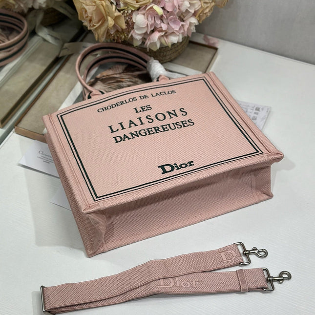 DIOR 26S BOOK TOTE BAG 36 IN PINK EMBROIDERED LETTERING FABRIC