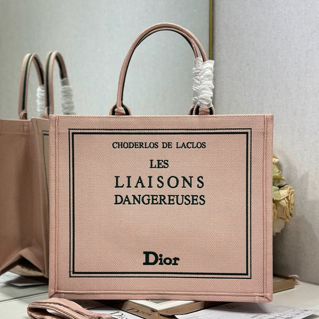 DIOR 26S BOOK TOTE BAG 42 IN PINK EMBROIDERED LETTERING FABRIC