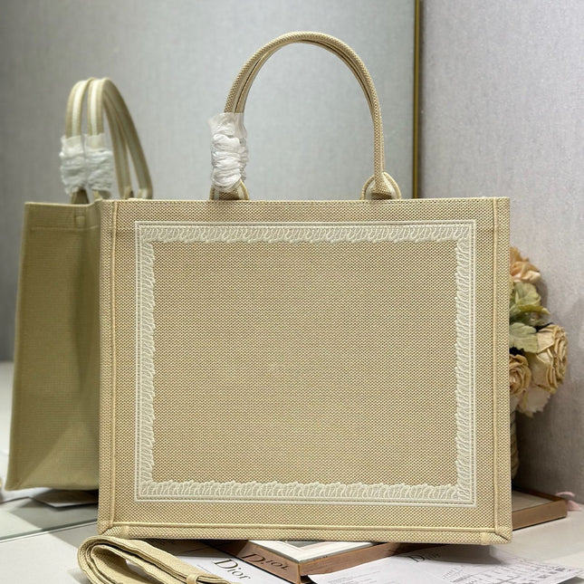DIOR 26S BOOK TOTE BAG 42 IN BEIGE EMBROIDERED LETTERING FABRIC