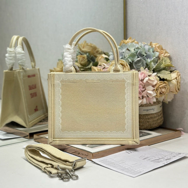 DIOR 26S BOOK TOTE BAG 26 IN BEIGE EMBROIDERED LETTERING FABRIC