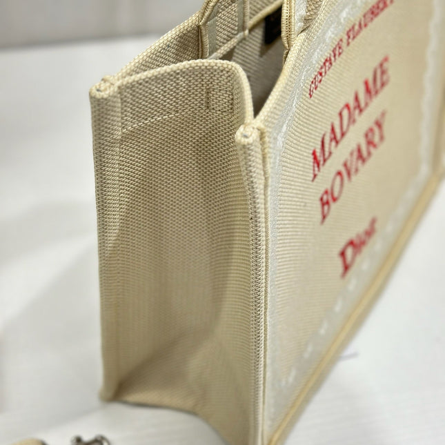 DIOR 26S BOOK TOTE BAG 36 IN BEIGE EMBROIDERED LETTERING FABRIC