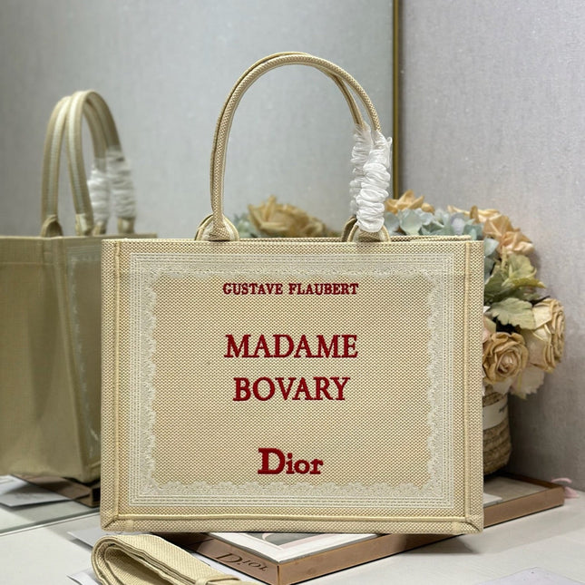 DIOR 26S BOOK TOTE BAG 36 IN BEIGE EMBROIDERED LETTERING FABRIC