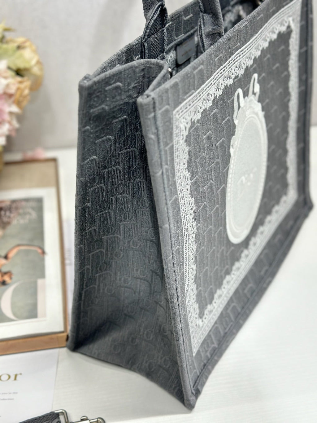 DIOR 26S BOOK TOTE BAG 42 IN GREY AND WHITE LACE BAYADERE FABRIC
