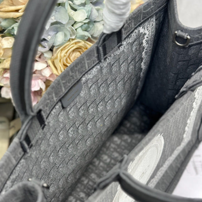 DIOR 26S BOOK TOTE BAG 42 IN GREY AND WHITE LACE BAYADERE FABRIC
