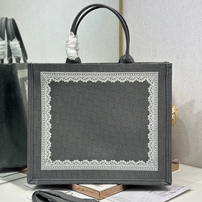 DIOR 26S BOOK TOTE BAG 42 IN GREY AND WHITE LACE BAYADERE FABRIC