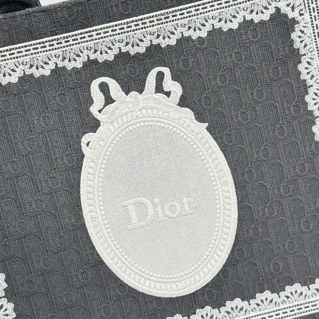 DIOR 26S BOOK TOTE BAG 42 IN GREY AND WHITE LACE BAYADERE FABRIC